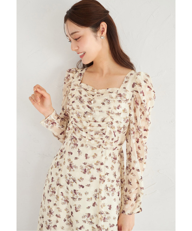 ウエストリボン付きパール装飾シアードットジャガード×フラワー