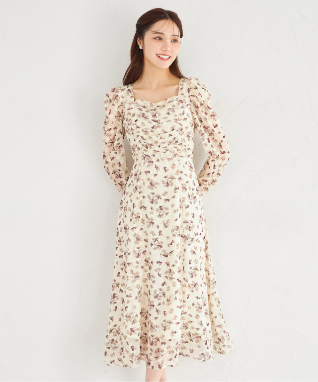 ウエストリボン付きパール装飾シアードットジャガード×フラワー