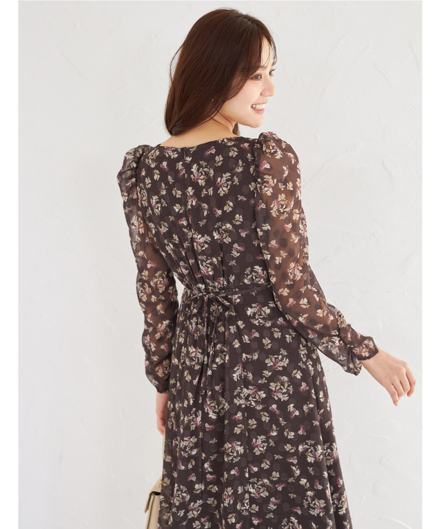 ウエストリボン付きパール装飾シアードットジャガード×フラワー