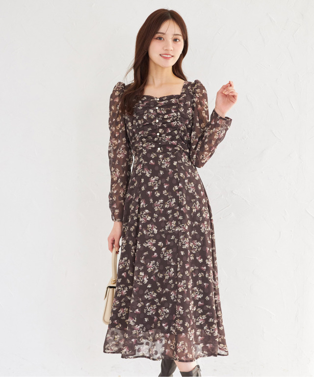 ウエストリボン付きパール装飾シアードットジャガード×フラワー