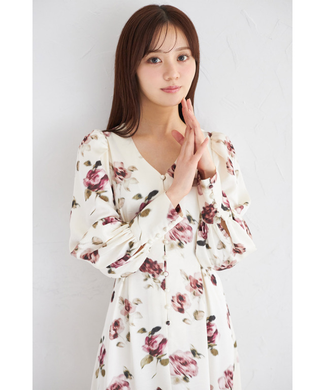 フロント釦ヴィンテージサテンローズプリントワンピース