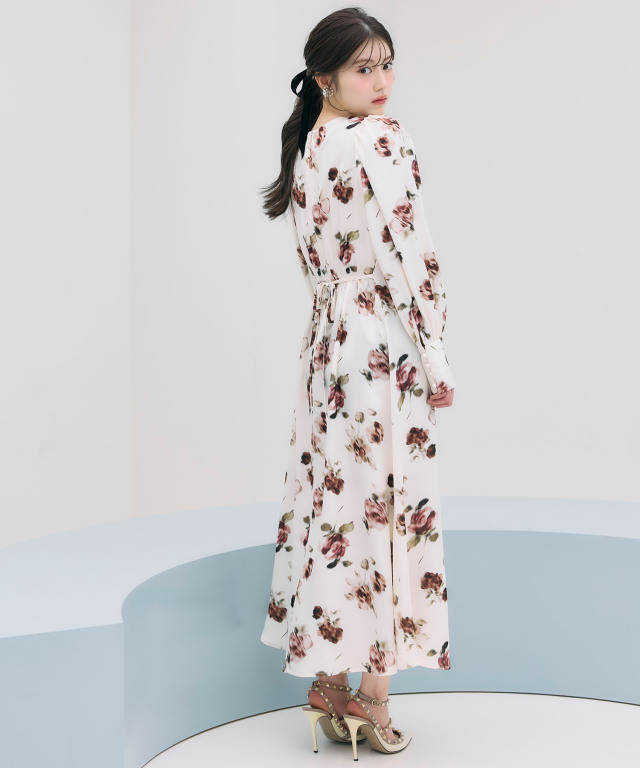 フロント釦ヴィンテージサテンローズプリントワンピース