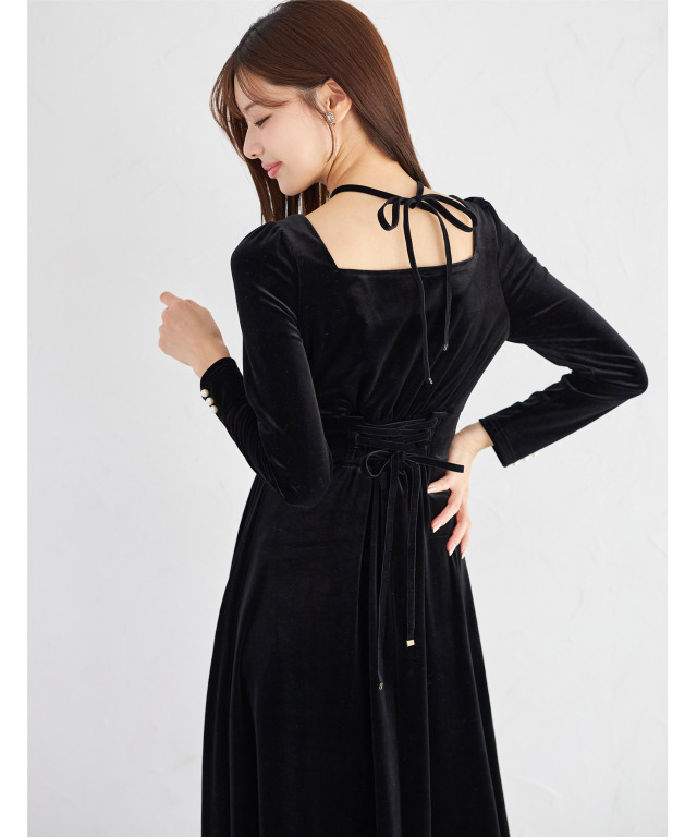 ネックリボン付きパール＆レース装飾バックレースアップベロアワンピース