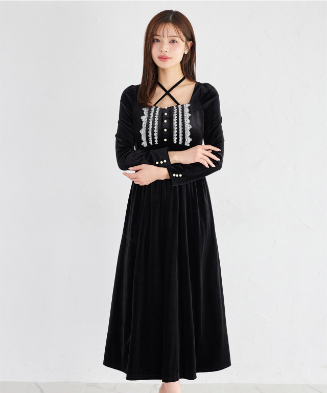 ネックリボン付きパール＆レース装飾バックレースアップベロアワンピース