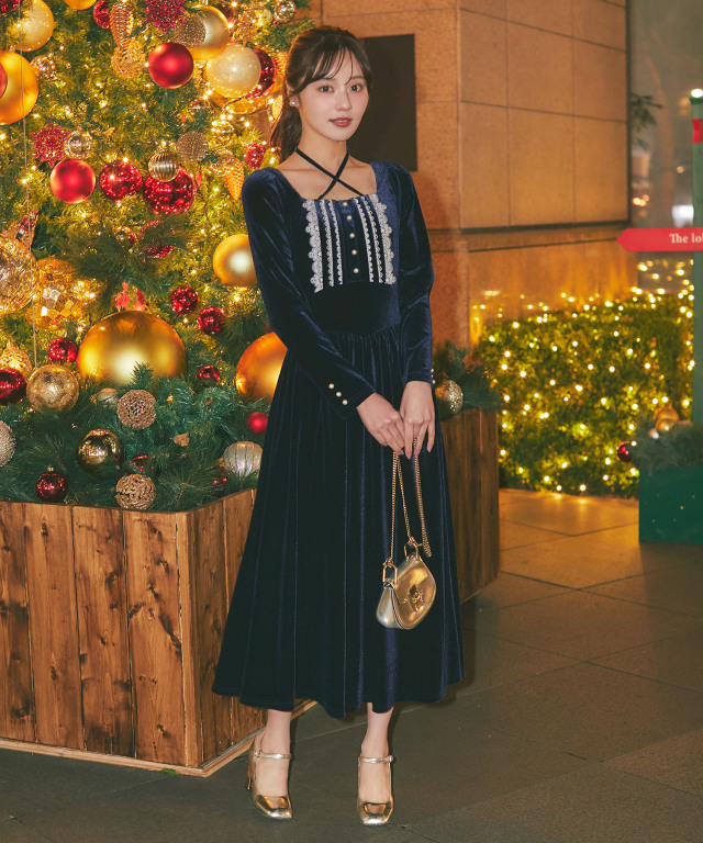 ネックリボン付きパール＆レース装飾バックレースアップベロアワンピース