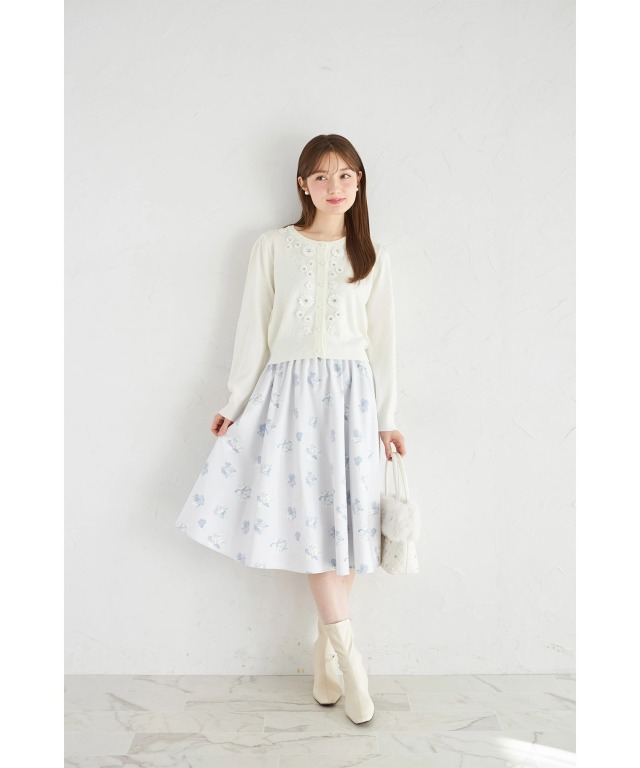 スエードフラワープリントウエストタックフレアスカート