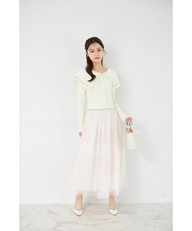 パールラインビックカラーリブニットジップカーディガン