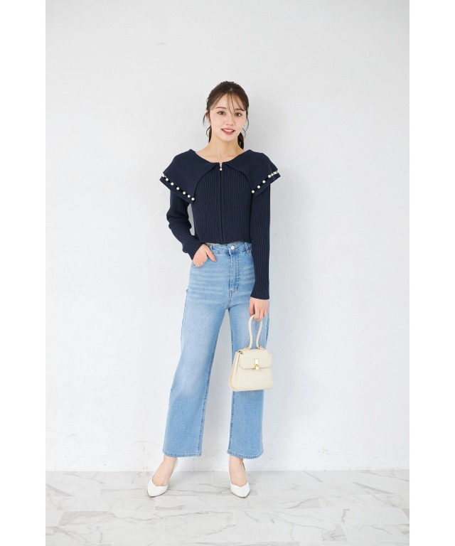 パールラインビックカラーリブニットジップカーディガン