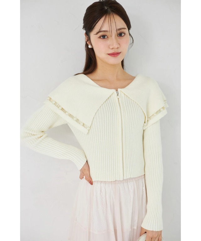 パールラインビックカラーリブニットジップカーディガン