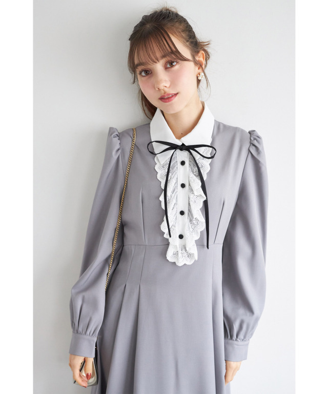 絵画 flk040086 リボン＆ラッフルレース付きバックレースアップシャツワンピース