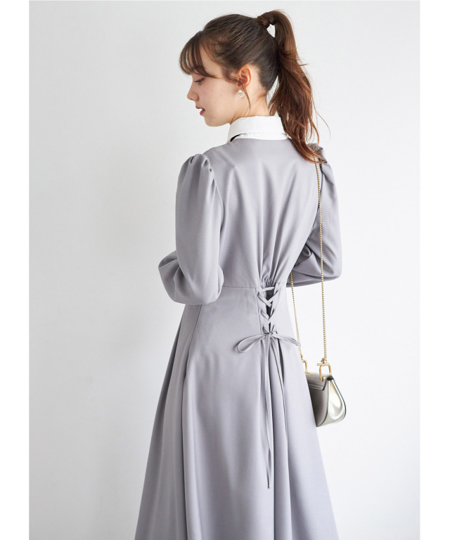 リボン＆ラッフルレース付きバックレースアップシャツワンピース