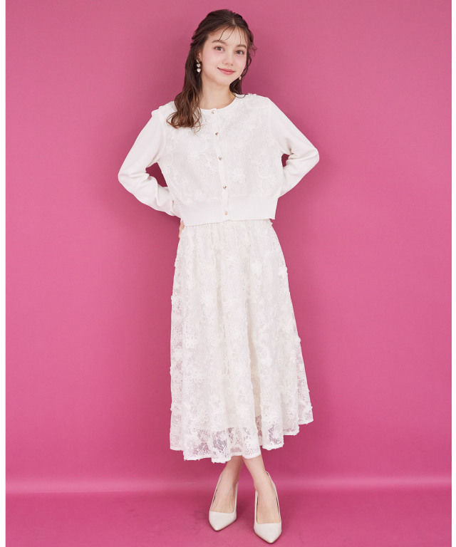 リュクスな華やぎ♪ハートボタン立体フラワーレースドッキングニット