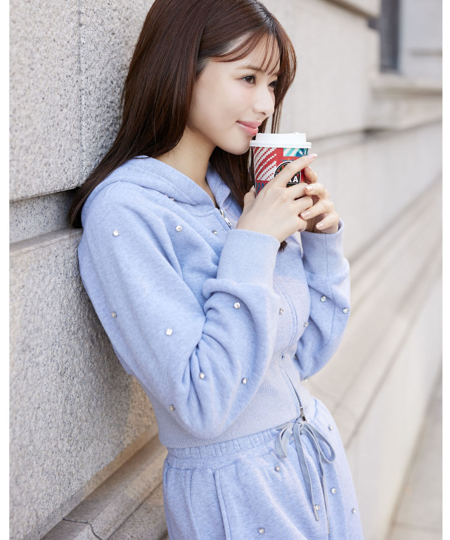 ビジューストーン付き裏起毛パーカー×パンツセットアップ