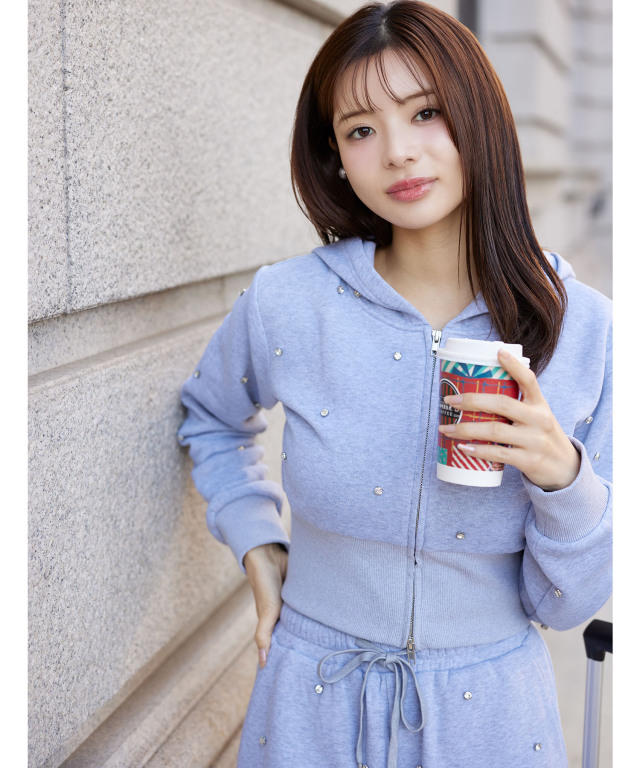 ビジューストーン付き裏起毛パーカー×パンツセットアップ