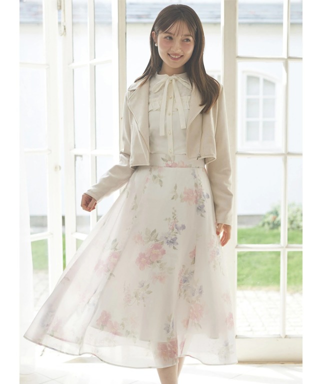 ウエストリボン付きラメシアーフラワープリントフレアスカート