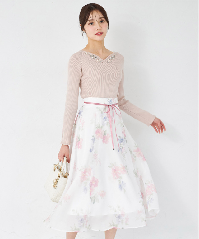 もあ Tocco Closet Belted Flower Print Mesh Flare Skirt