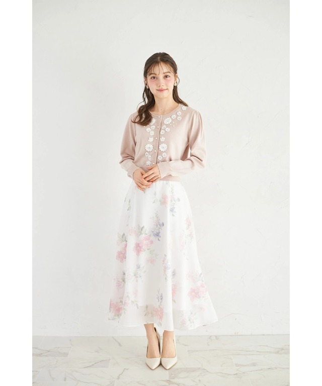 ウエストリボン付きラメシアーフラワープリントフレアスカート