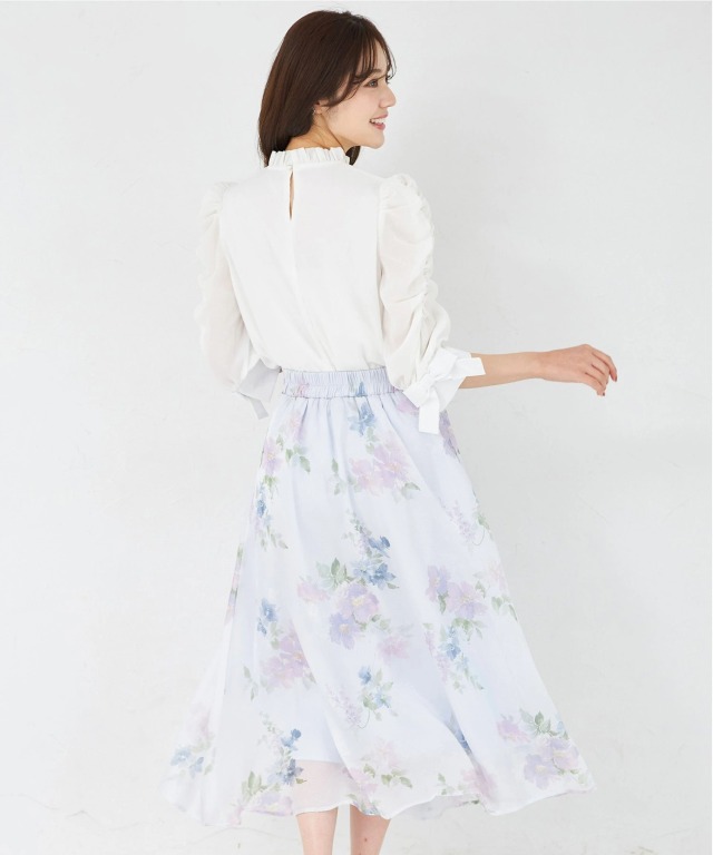 ウエストリボン付きラメシアーフラワープリントフレアスカート