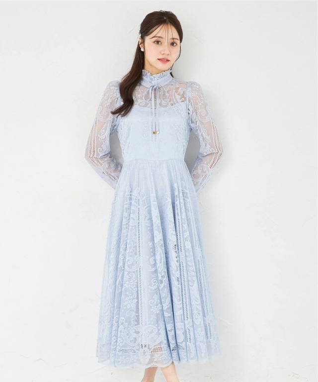 高貴な雰囲気で華やぐリボン付きパネル柄総レースワンピース