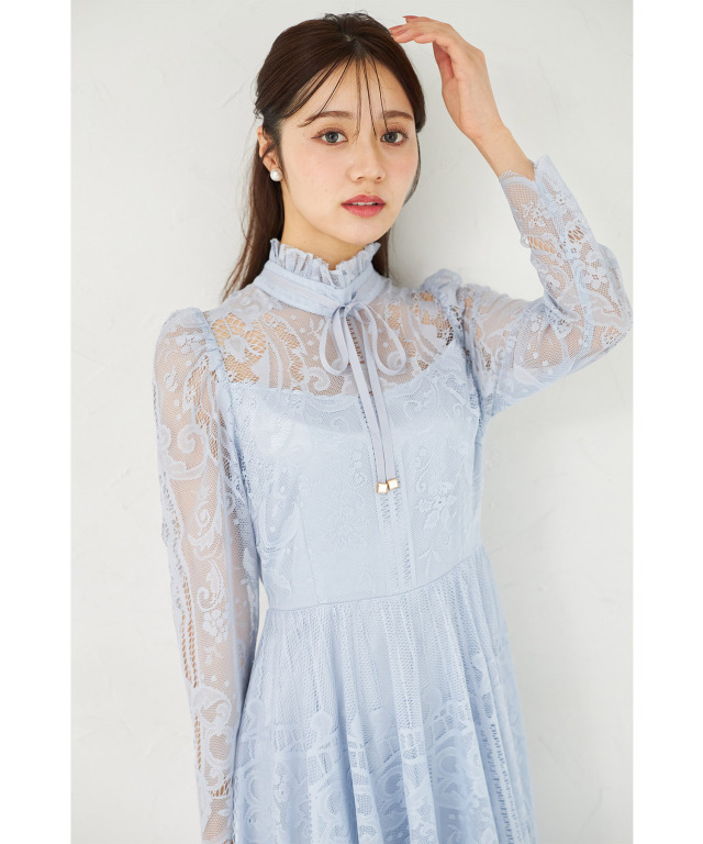 高貴な雰囲気で華やぐリボン付きパネル柄総レースワンピース