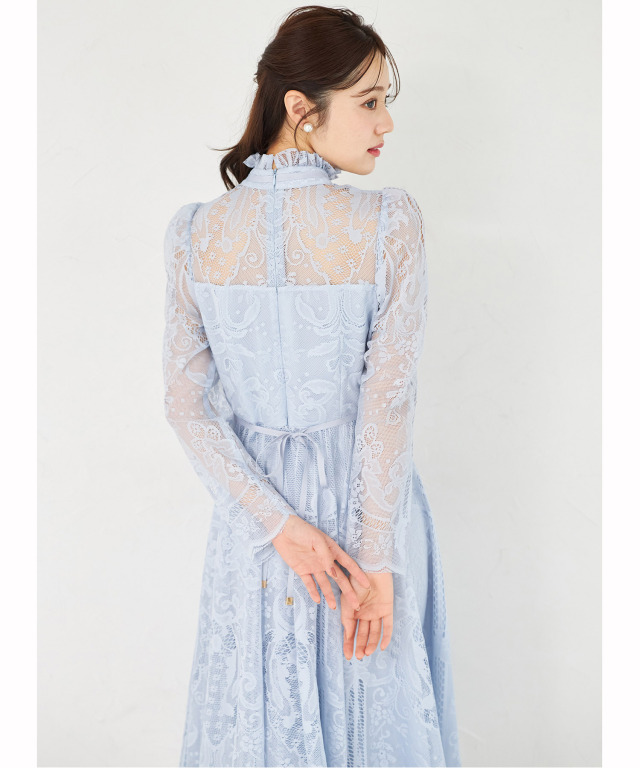 高貴な雰囲気で華やぐリボン付きパネル柄総レースワンピース