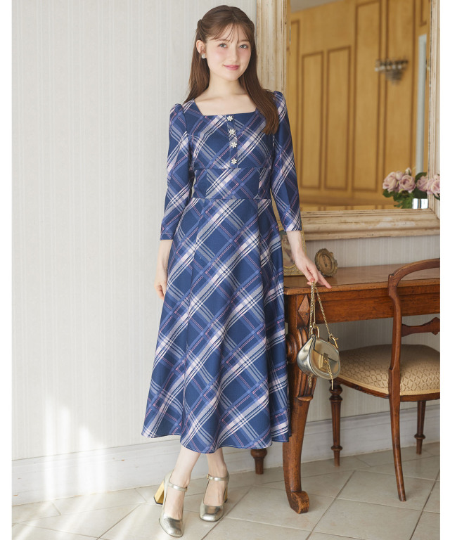 フラワーモチーフ飾り釦ツイードライクチェックワンピース