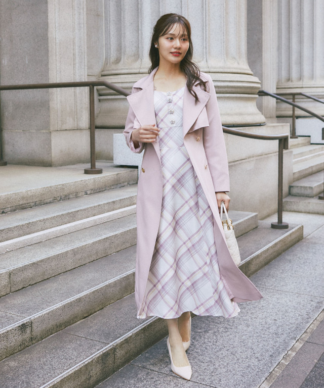 フラワーモチーフ飾り釦ツイードライクチェックワンピース