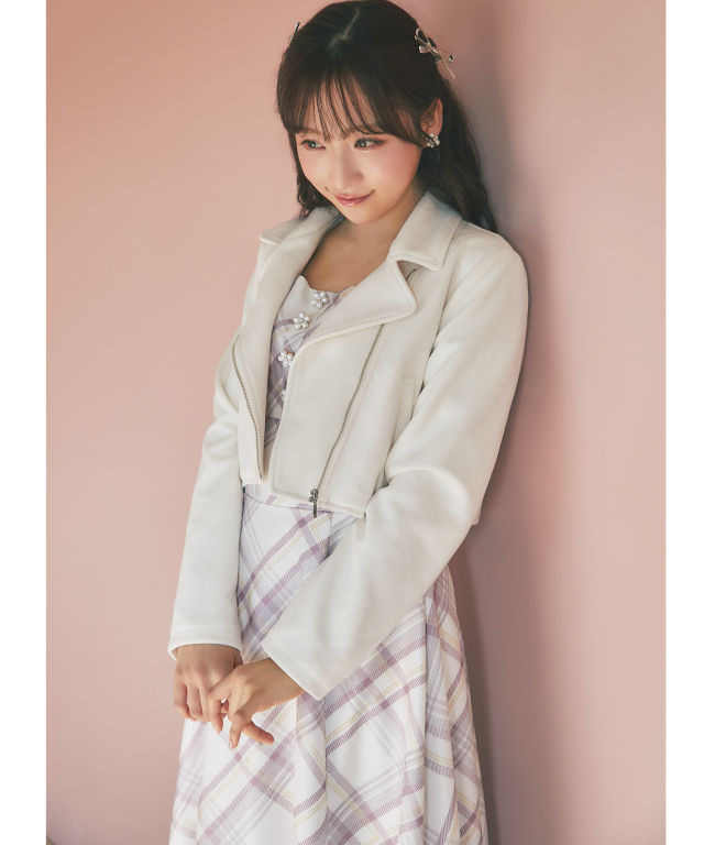 フラワーモチーフ飾り釦ツイードライクチェックワンピース