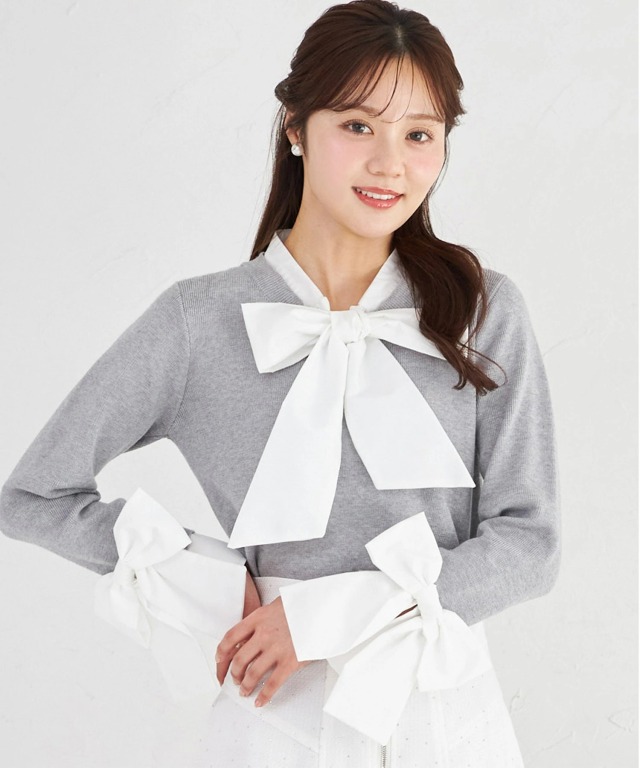 【美品】  Drawer / ドゥロワー | ボウタイ リボン ニットプルオーバー | F | ホワイト | レディース 前後2WAY配色ライン入りボウタイリボンニットプルオーバー
