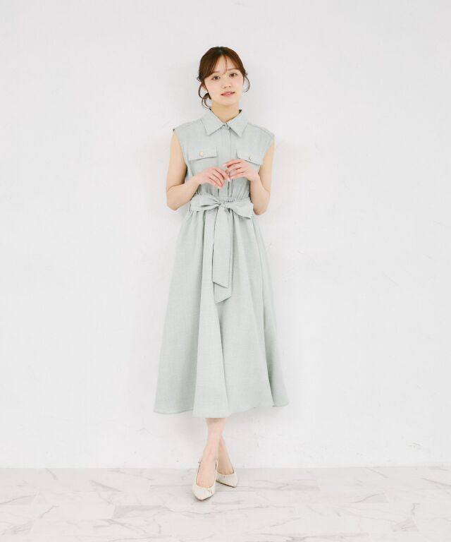 ウエストリボン付きリネンライクシャツワンピース