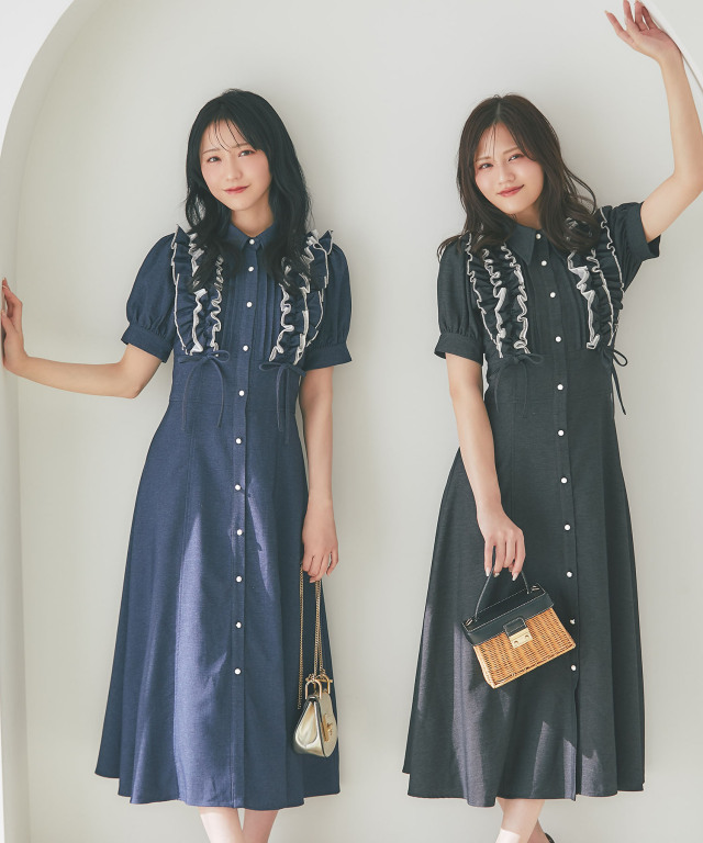 フリル＆リボン付きバックレースアップデニムシャツワンピース