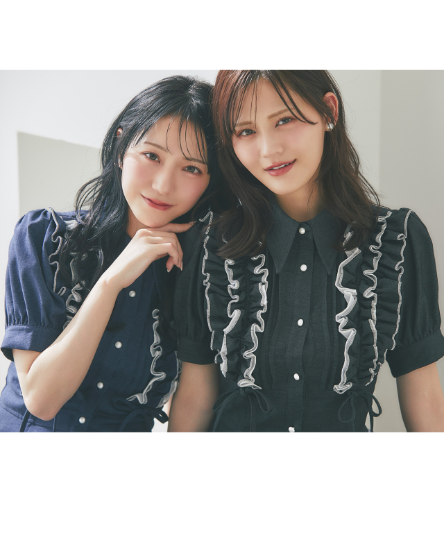 フリル＆リボン付きバックレースアップデニムシャツワンピース