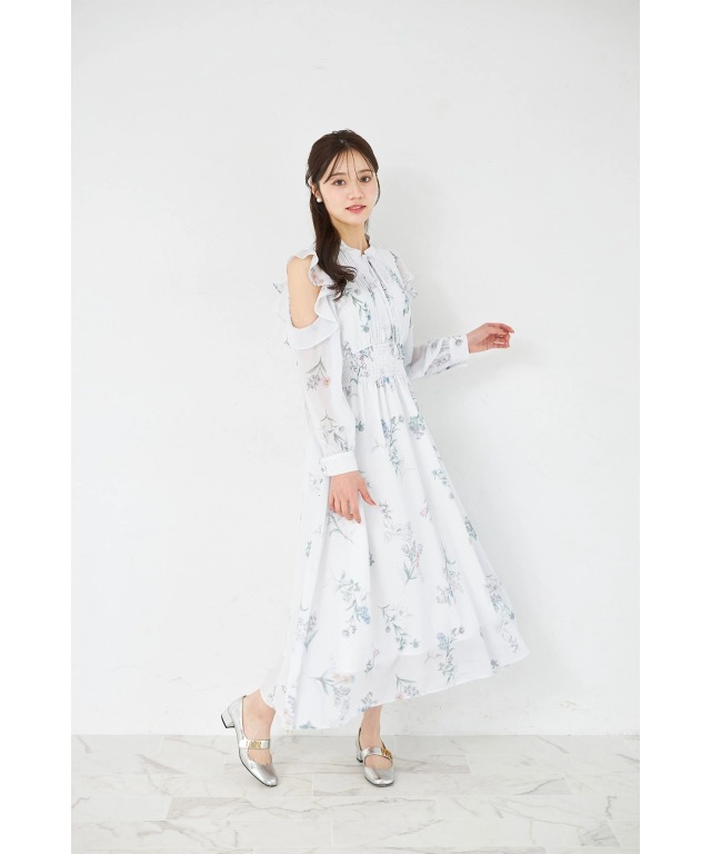 ラッフルフリルオープンショルダーボタニカルフラワープリントワンピース