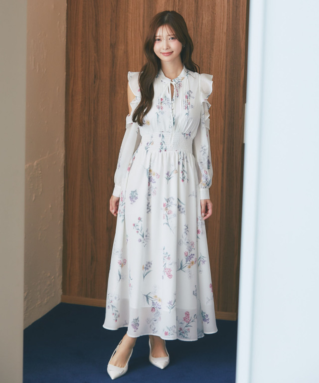 ラッフルフリルオープンショルダーボタニカルフラワープリントワンピース