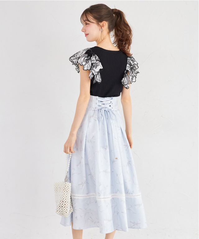 バックレースアップ裾レース装飾リボンプリントツイードライクフレア