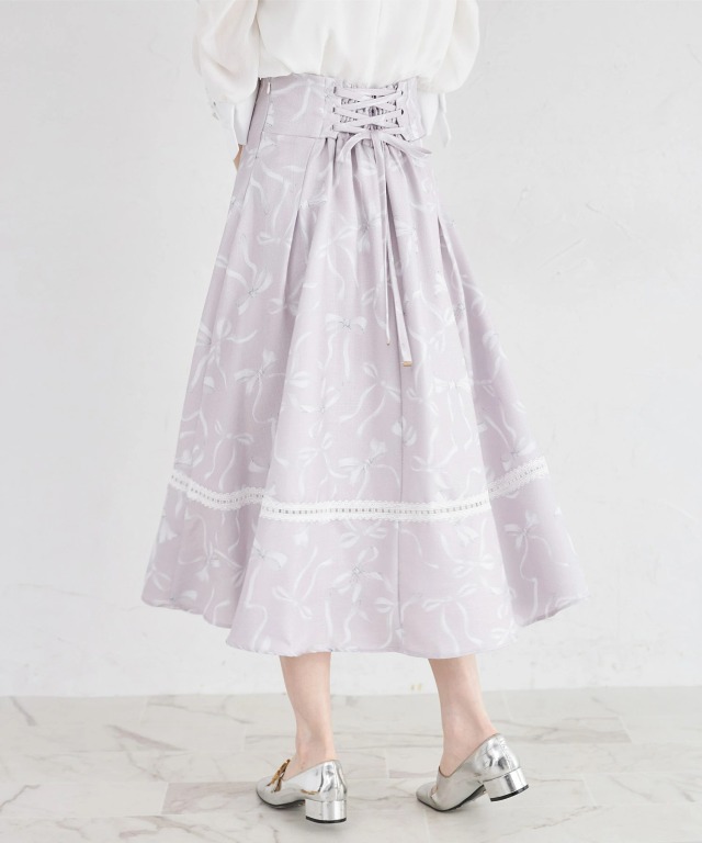 バックレースアップ裾レース装飾リボンプリントツイードライクフレア