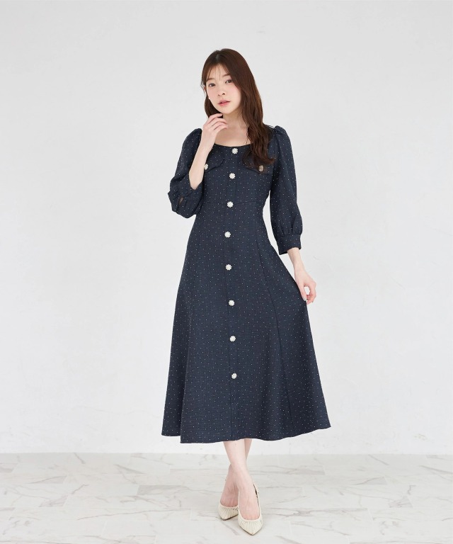きらきらストーン付きスクエアネックビジュー飾り釦ワンピース