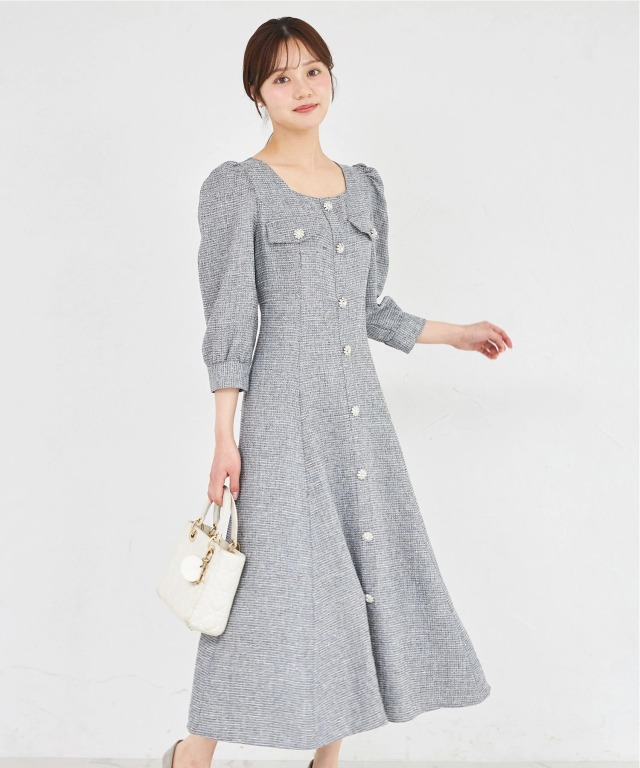 きらきらストーン付きスクエアネックビジュー飾り釦ワンピース