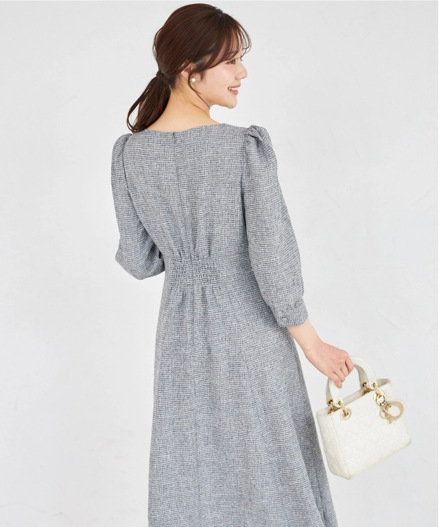 きらきらストーン付きスクエアネックビジュー飾り釦ワンピース