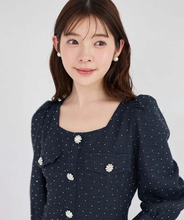 きらきらストーン付きスクエアネックビジュー飾り釦ワンピース