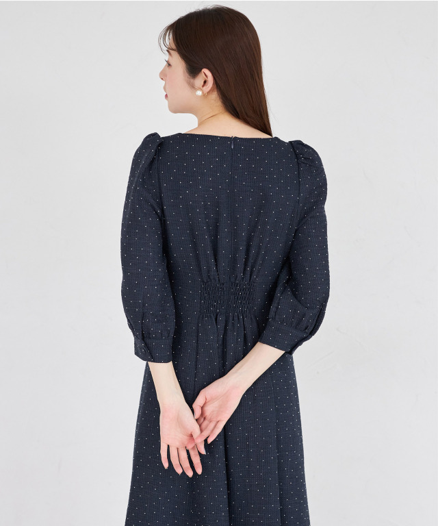 きらきらストーン付きスクエアネックビジュー飾り釦ワンピース