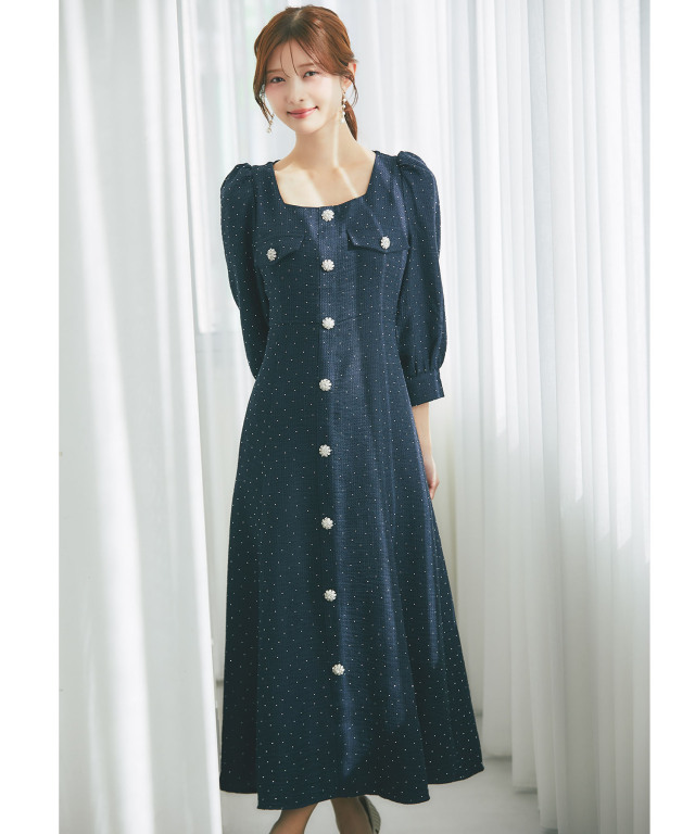 きらきらストーン付きスクエアネックビジュー飾り釦ワンピース