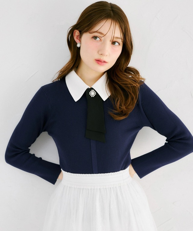 2WAYビジュー釦タイ＆襟付きリブニットプルオーバー