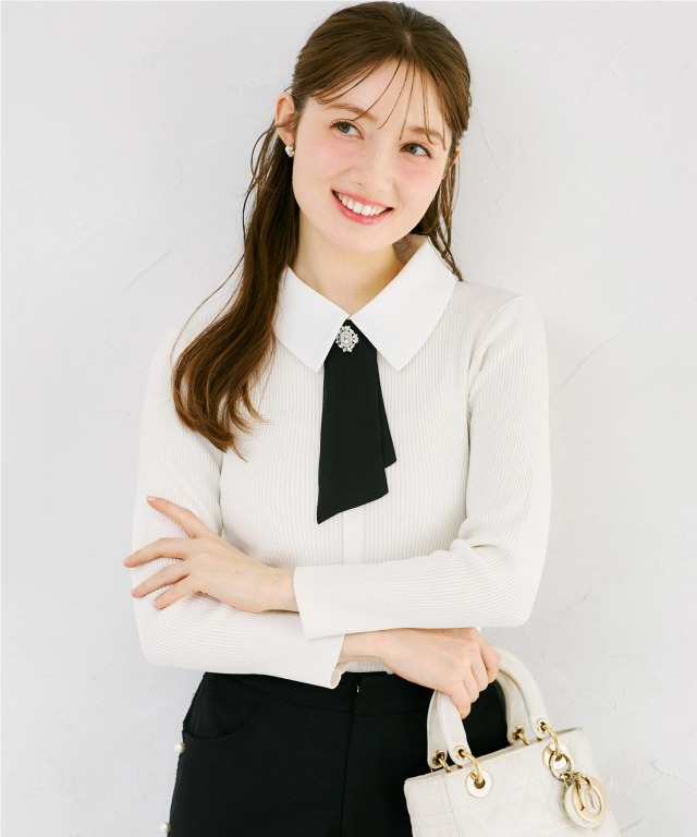 2WAYビジュー釦タイ＆襟付きリブニットプルオーバー