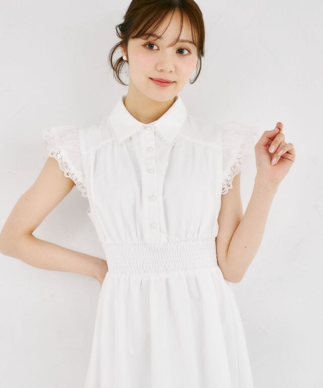 清楚な華やかさも細見えも叶えるリボンレースシャツワンピース