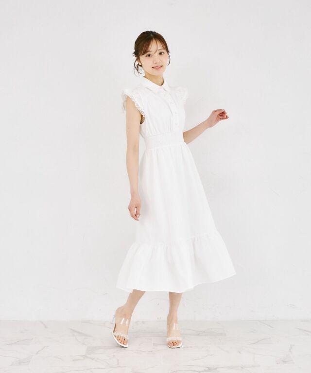 清楚な華やかさも細見えも叶えるリボンレースシャツワンピース