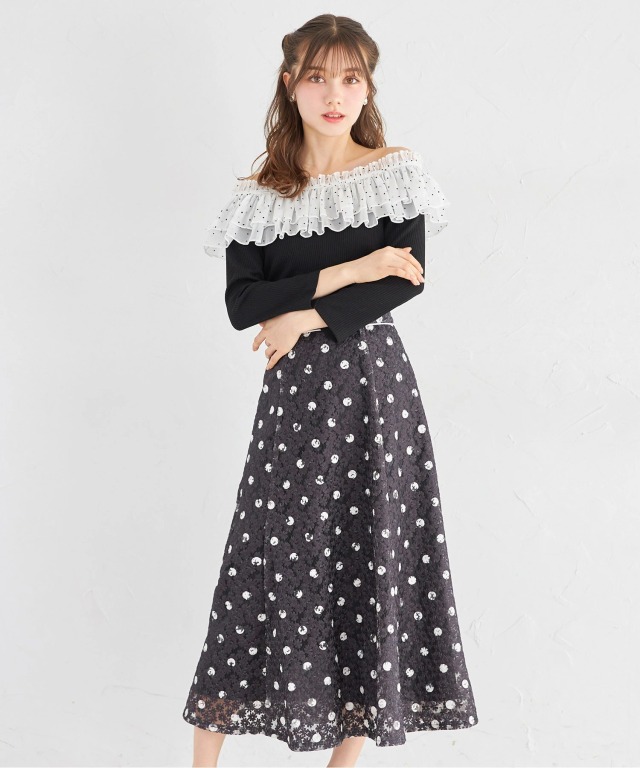 フラワーレースドットプリントフレアスカート