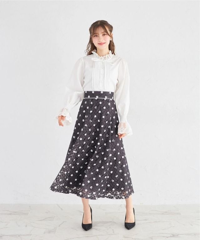 フラワーレースドットプリントフレアスカート