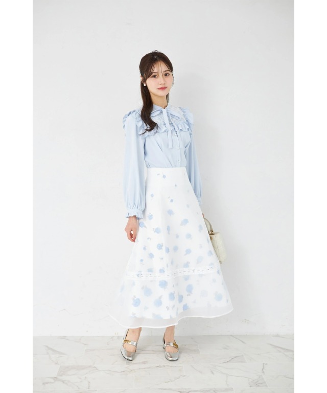 レースライン入りラメオーガンジーレイヤードフラワースカート