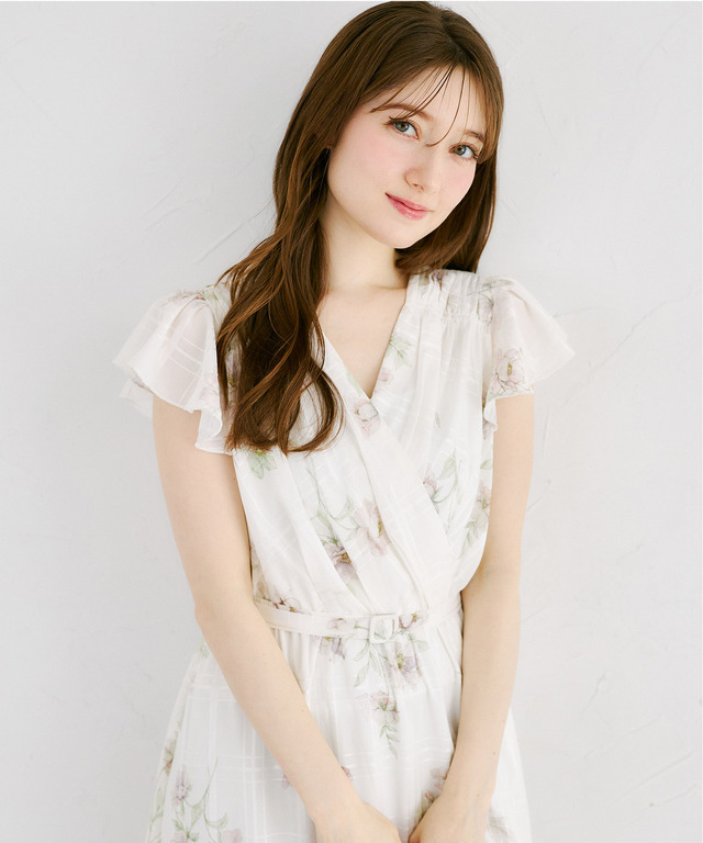 enさん ベルト付きシアーチェック×フラワープリントカシュクールワンピース
